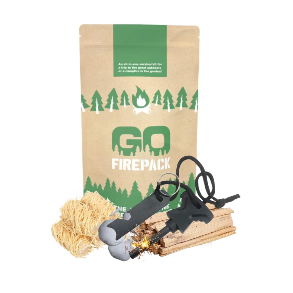 GO Firepack, Firelighters Ferro Rod Survival Tools | Camping Lighters & Fire Starters Kit | Eco Wood Shaving Rolls, Cotton Rolls, Wooden Sticks, User Guide, Flint and Steel Upto 3,000 Strikes