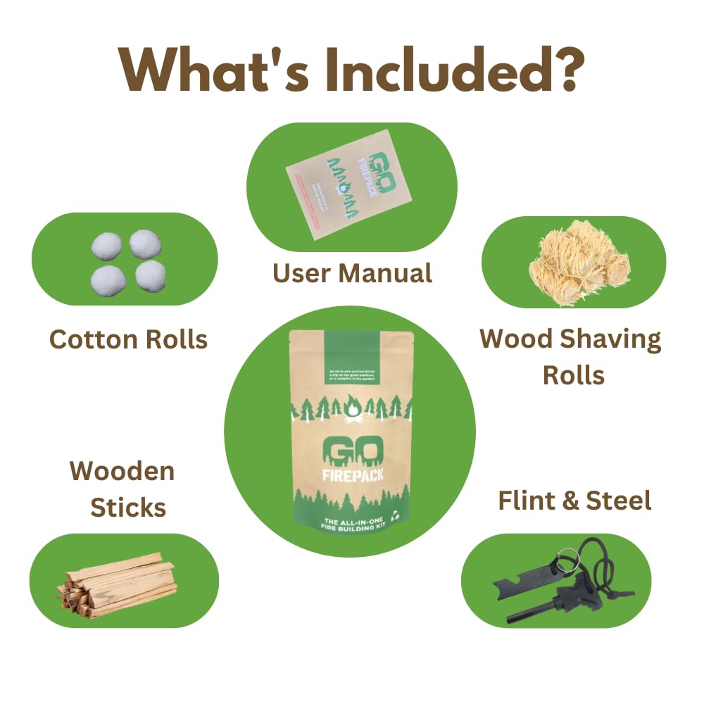 GO Firepack, Firelighters Ferro Rod Survival Tools | Camping Lighters & Fire Starters Kit | Eco Wood Shaving Rolls, Cotton Rolls, Wooden Sticks, User Guide, Flint and Steel Upto 3,000 Strikes