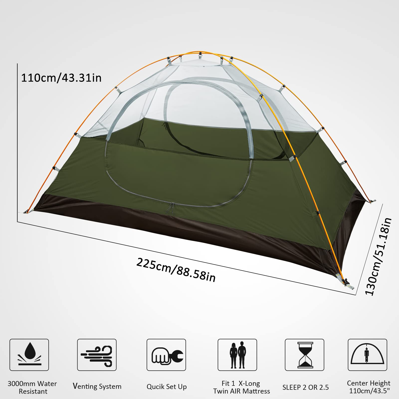 Bessport Camping Tent 2 Person Tent Waterproof Two Doors