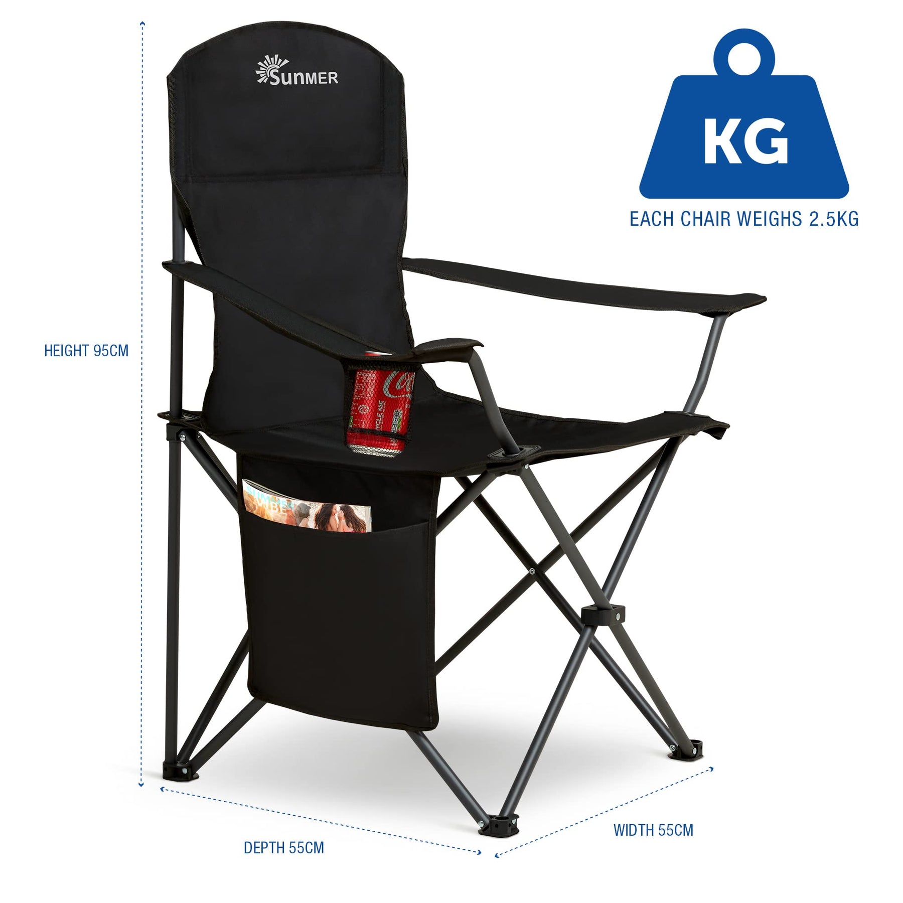 Folding Camping Chairs, Extra-Wide Lightweight Outdoor Chairs with Armrests, Cup Holder and a Side Pocket, 120kg Capacity per Chair