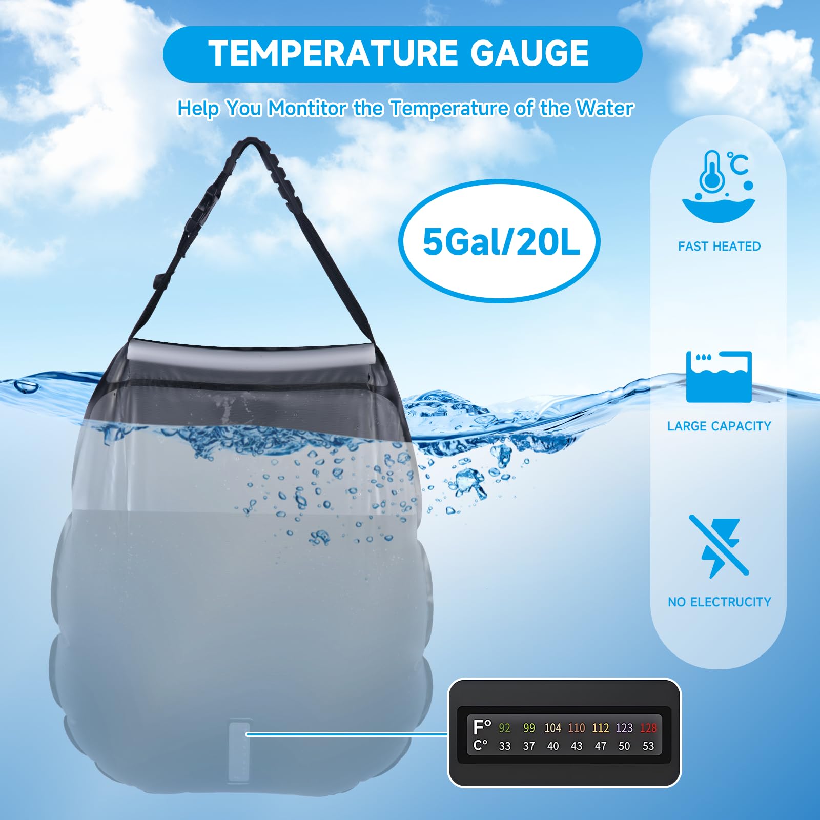 Solar Portable Shower Bag – 5 Gallon Large Capacity, Lightweight & Heat Absorption Design