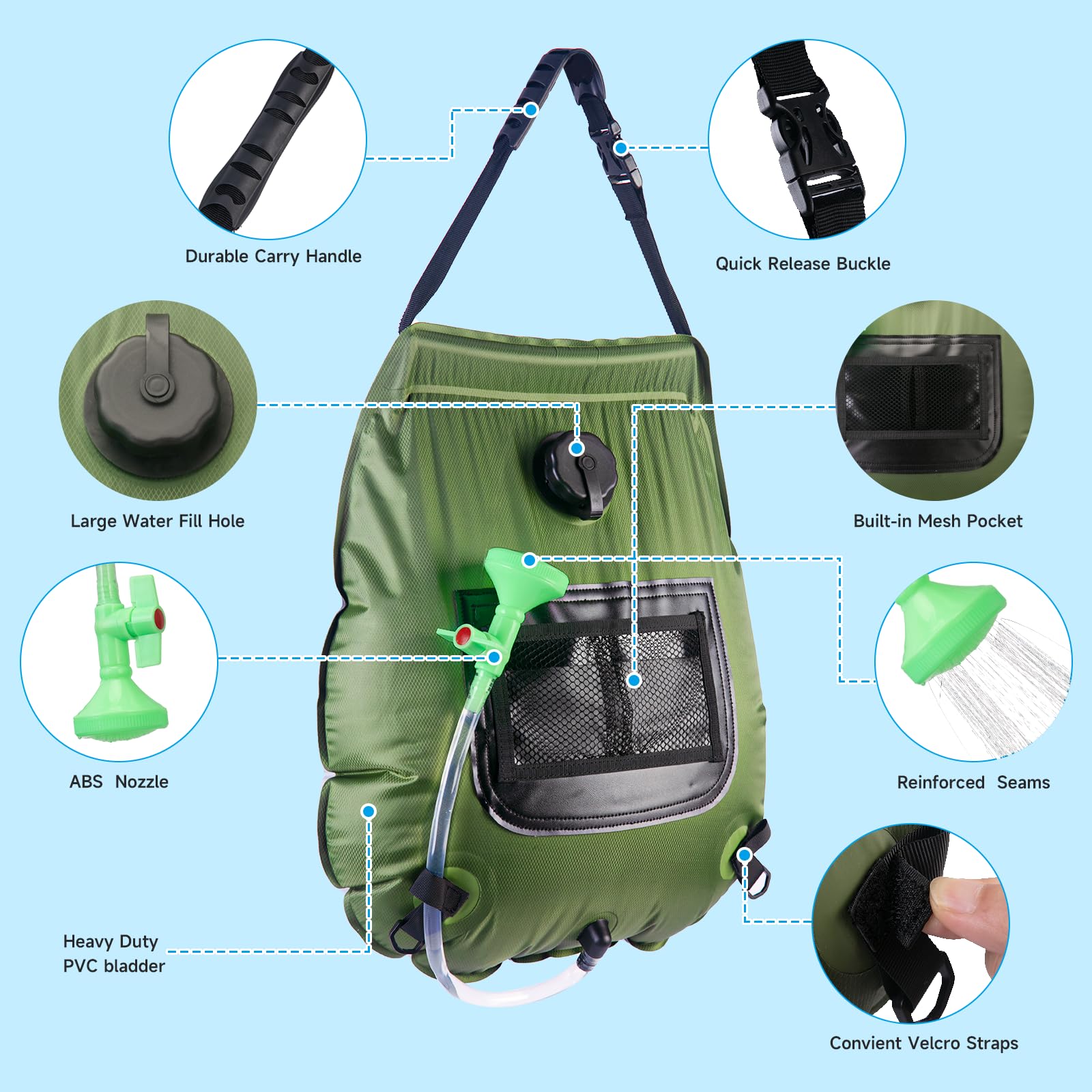 Solar Portable Shower Bag – 5 Gallon Large Capacity, Lightweight & Heat Absorption Design