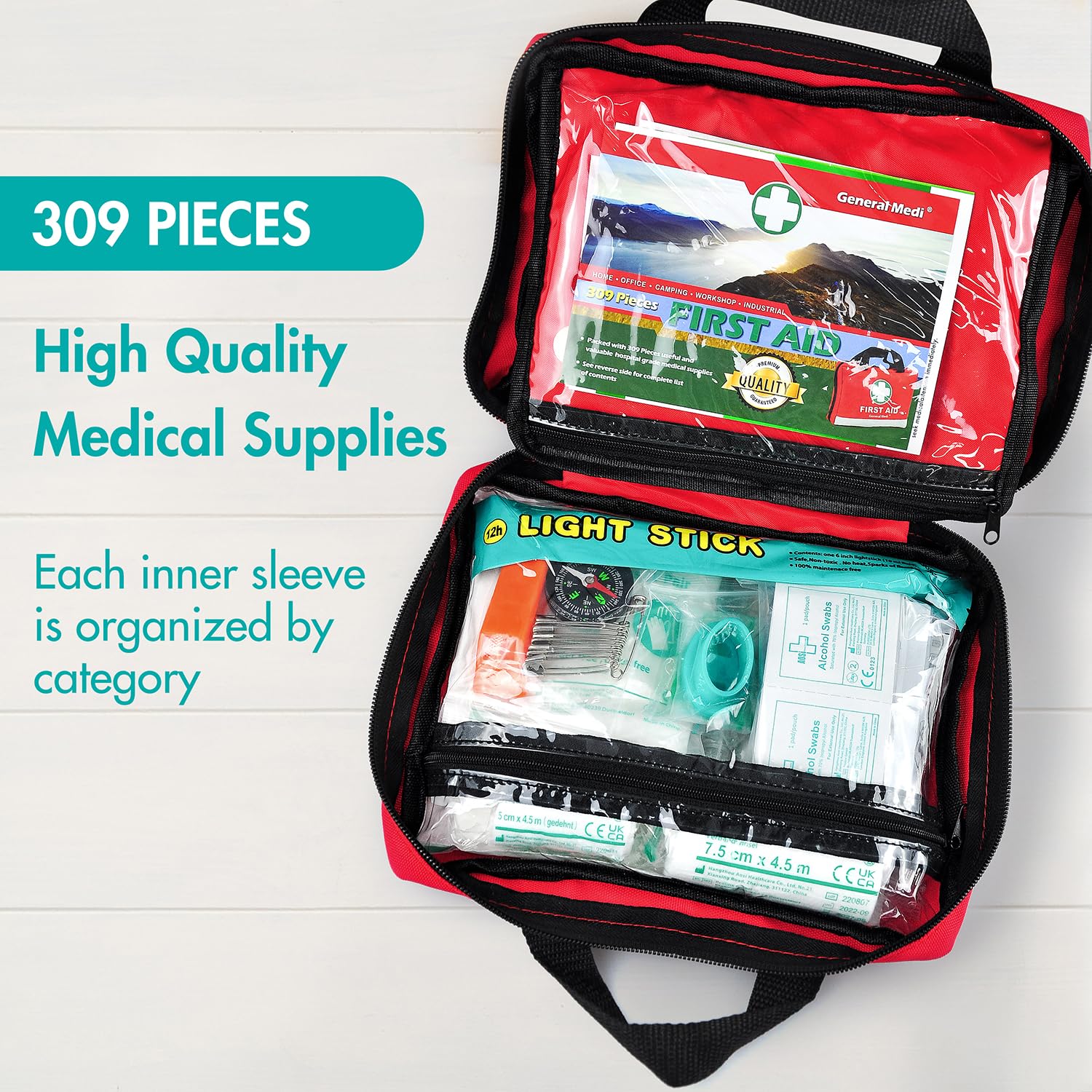 General Medi First Aid Kit -309 Pieces- Reflective Bag Design - Including Eyewash, Bandages, Moleskin Pad and Emergency Blanket  - Perfect for Travel, Hiking and Camping