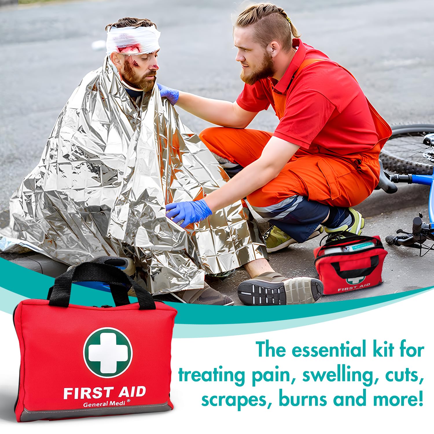 General Medi First Aid Kit -309 Pieces- Reflective Bag Design - Including Eyewash, Bandages, Moleskin Pad and Emergency Blanket  - Perfect for Travel, Hiking and Camping