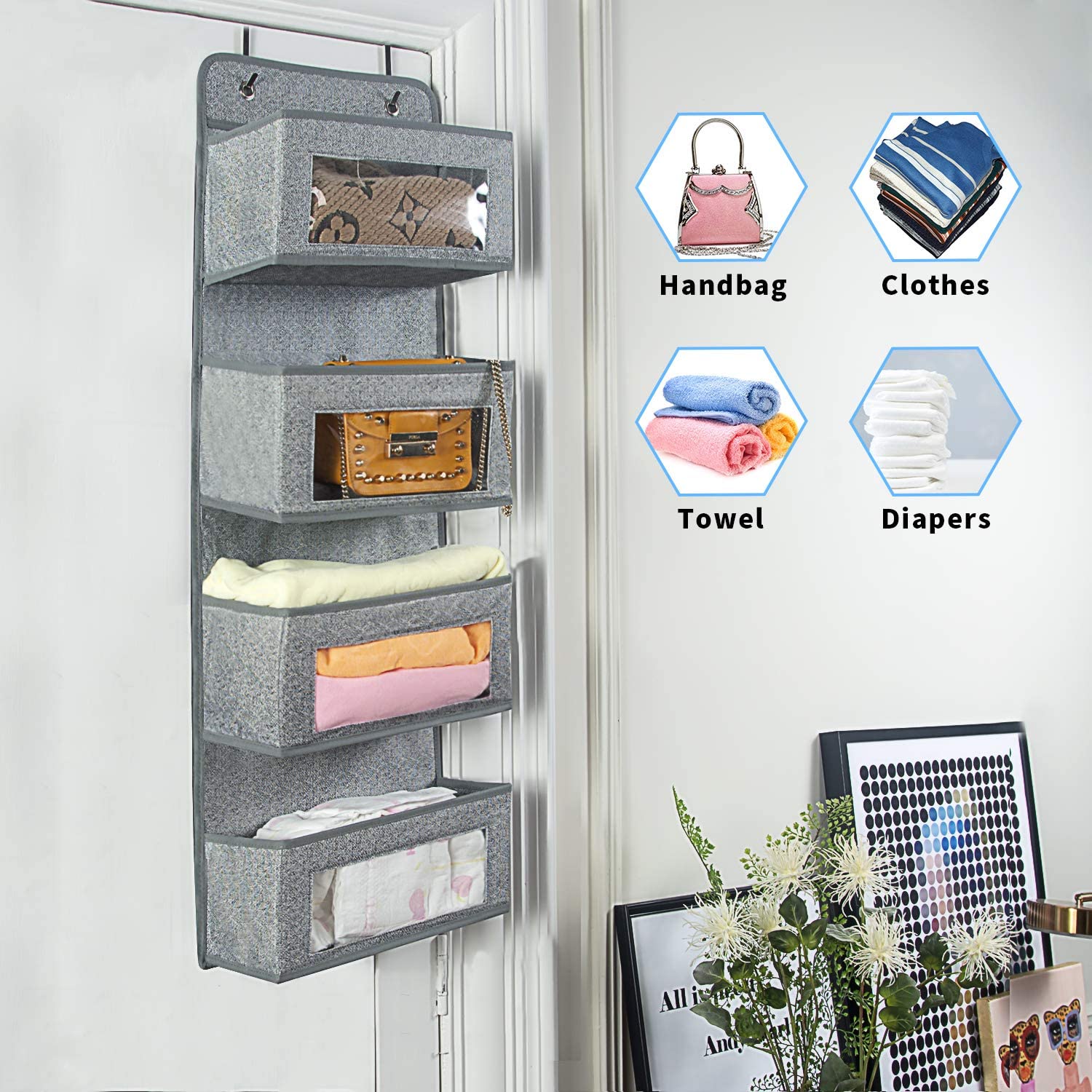 BrilliantJo Hanging Organizer with Starsglowing Design, 4 Pockets, Foldable Hanging Shelf
