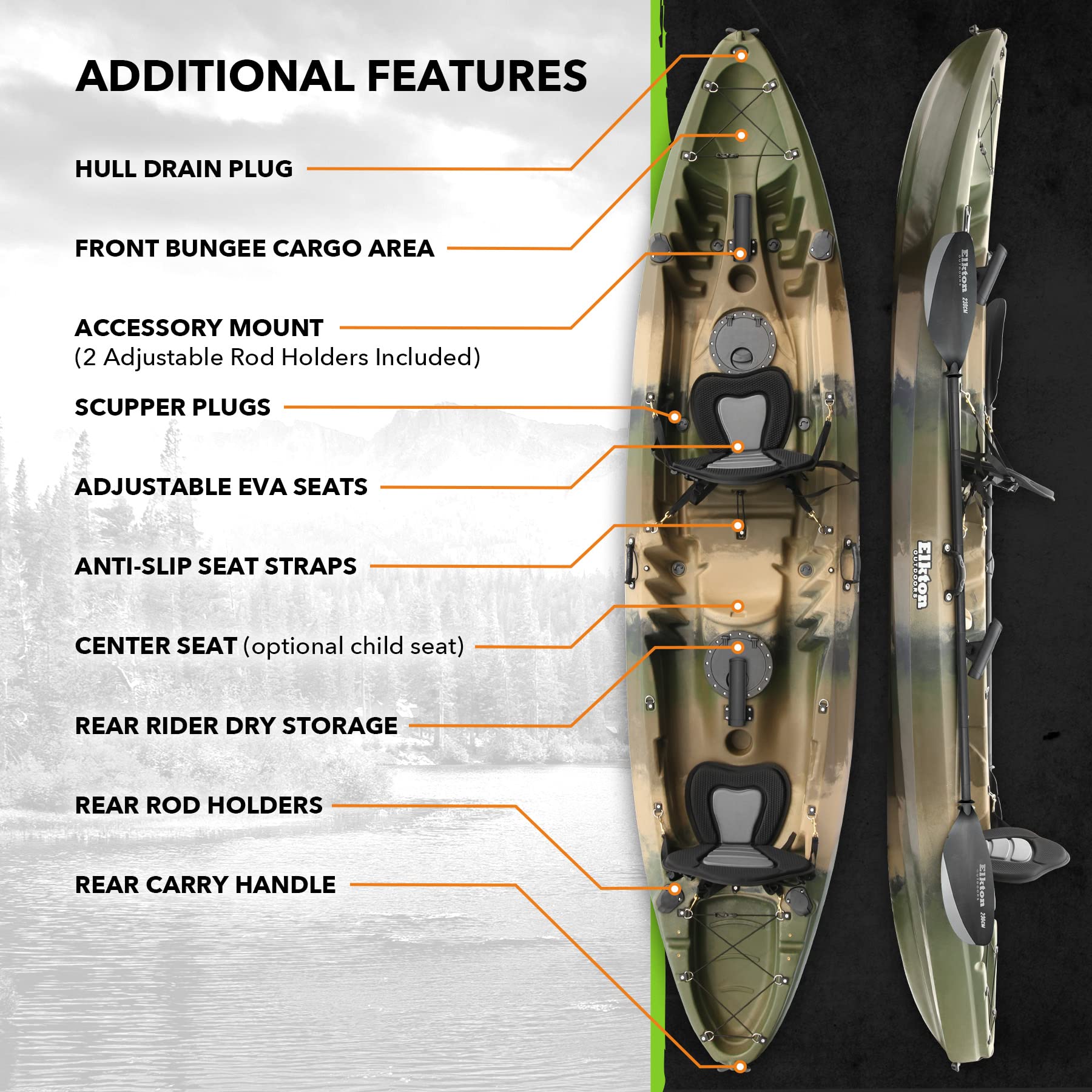 Elkton Outdoors Hard Shell Recreational Tandem Kayak, 2 or 3 Person