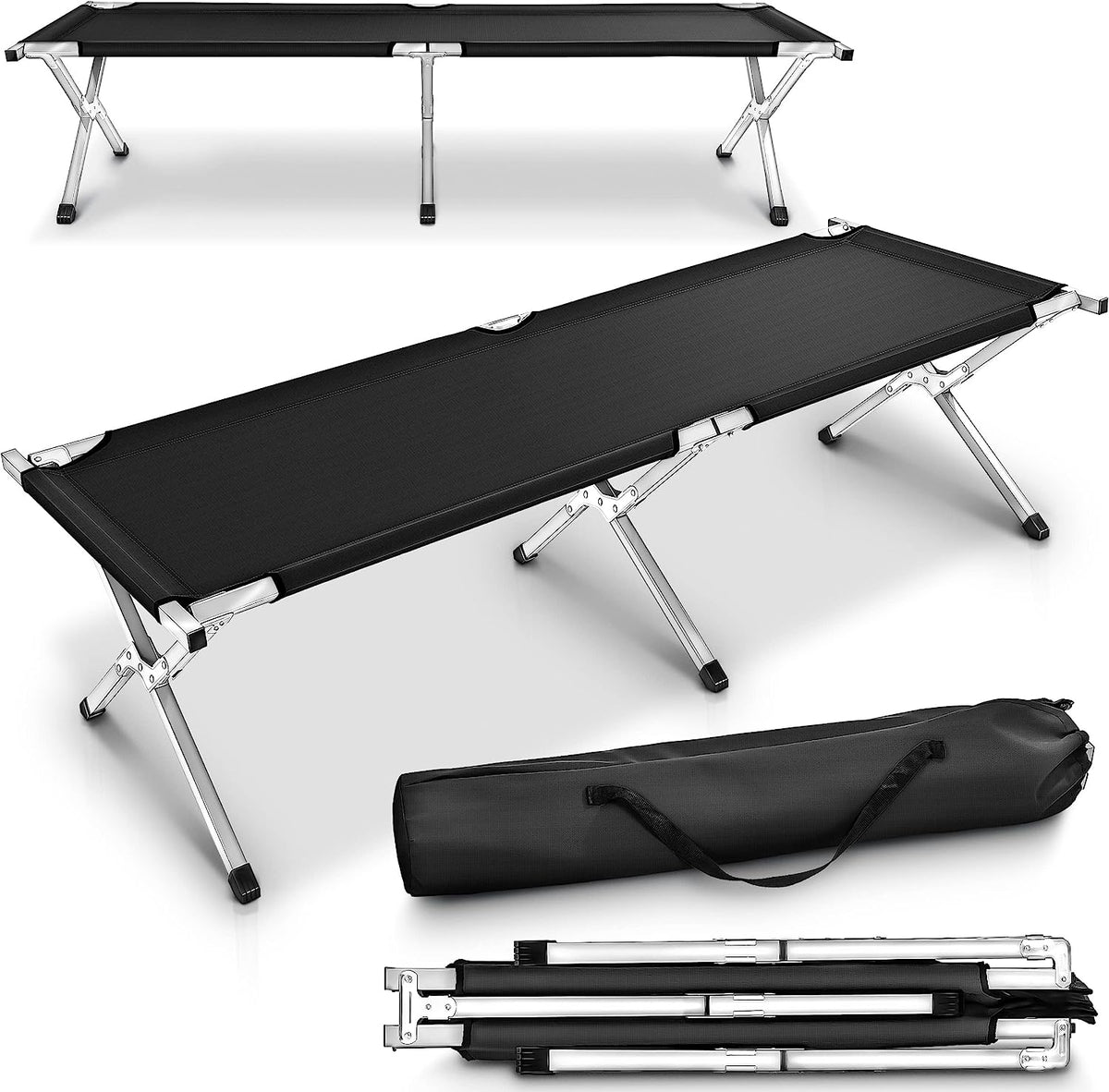 TRESKO XXL Camping Bed - Sturdy Metal Frame, 210 x 72 x 45 cm, 150kg Capacity