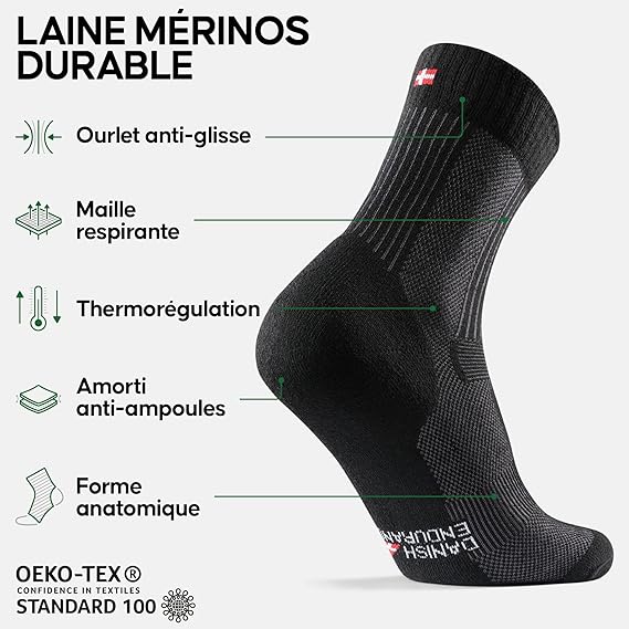 DANISH ENDURANCE 3 Pairs Lightweight Merino Wool Hiking Socks, Anti-Blister, Men Women