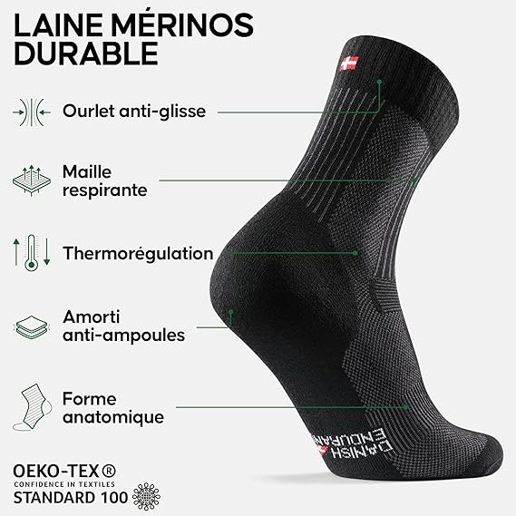 DANISH ENDURANCE 3 Paar leichte Wandersocken aus Merinowolle, Anti-Blasen, Herren Damen 