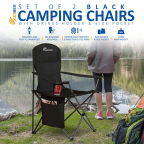 Folding Camping Chairs, Extra-Wide Lightweight Outdoor Chairs with Armrests, Cup Holder and a Side Pocket, 120kg Capacity per Chair