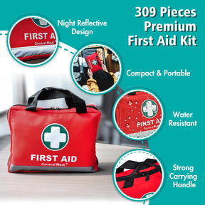 General Medi First Aid Kit -309 Pieces- Reflective Bag Design - Including Eyewash, Bandages, Moleskin Pad and Emergency Blanket  - Perfect for Travel, Hiking and Camping