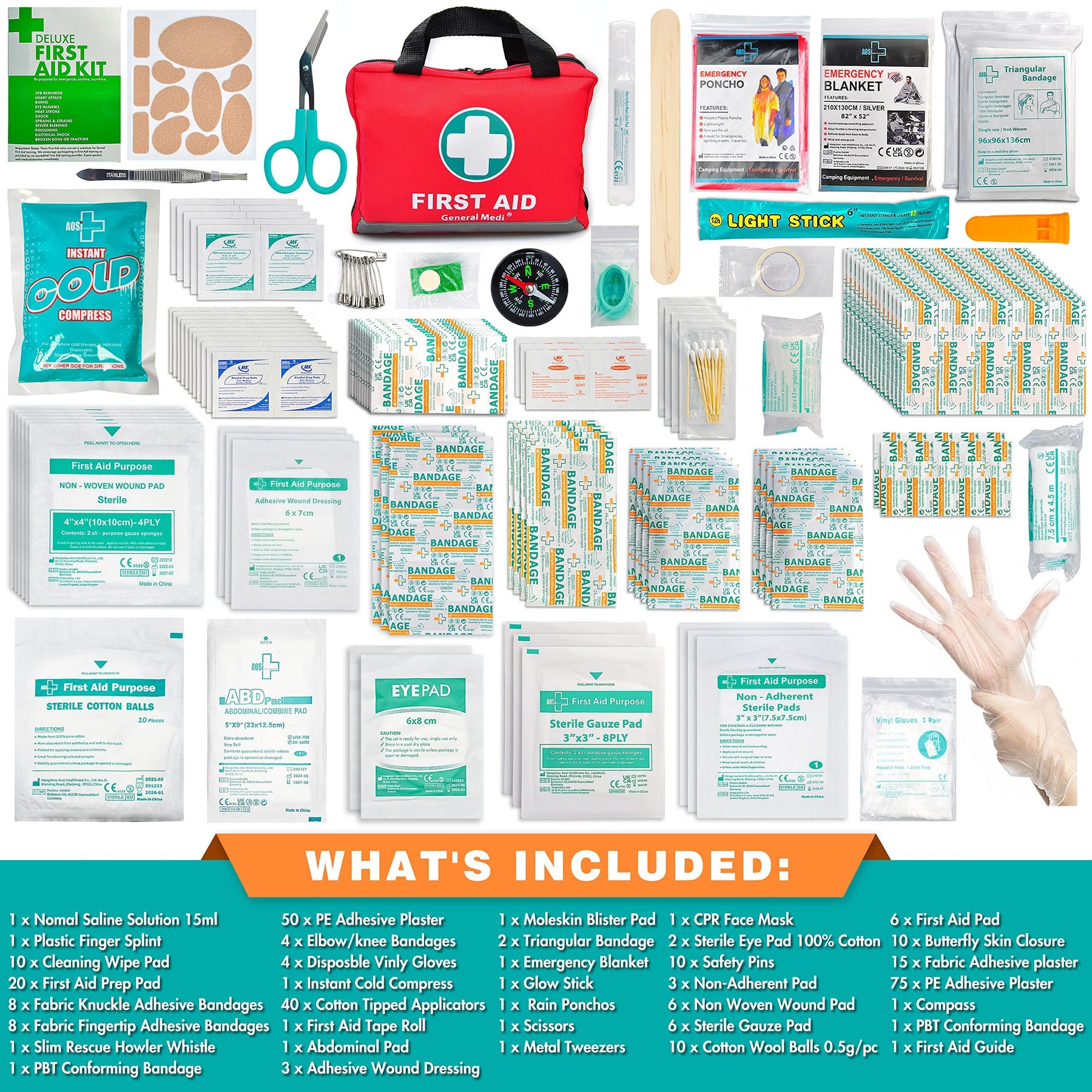 General Medi First Aid Kit -309 Pieces- Reflective Bag Design - Including Eyewash, Bandages, Moleskin Pad and Emergency Blanket  - Perfect for Travel, Hiking and Camping