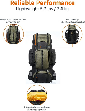 CelticPeaks  Internal Frame Hiking Backpack with Rain Cover,