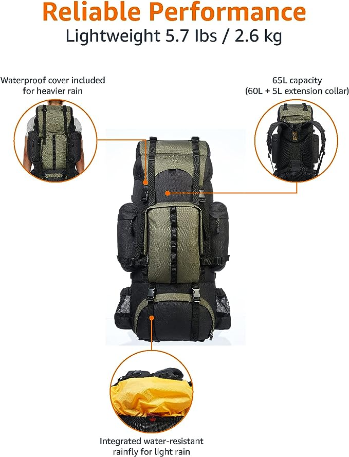 CelticPeaks  Internal Frame Hiking Backpack with Rain Cover,