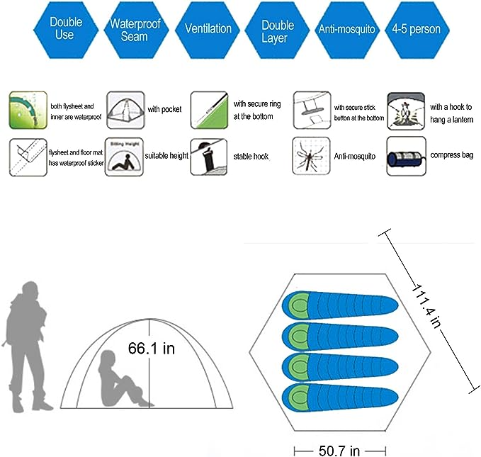 Hewolf Camping Tent, 3-4 Person Dome Tent
