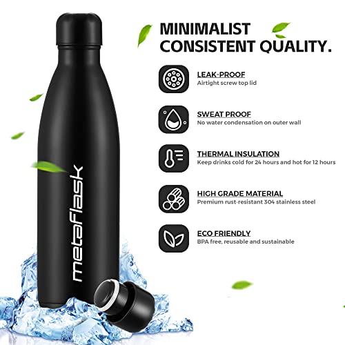 MetaFlask Water Bottles - Leak-Proof, No Sweating - Keeps Cold: 24+ Hrs. Hot: 12 Hrs. (Black, 500ml)