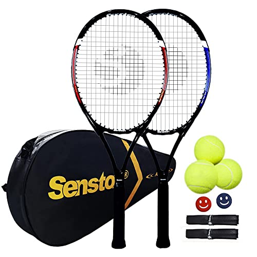 Senston Tennisschläger für Erwachsene, 68,6 cm, Tennisschläger – Tennisschläger-Set für 2 Spieler mit 3 Bällen, 2 Griffen, 2 Vibrationsdämpfern