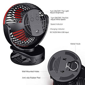 Clip On Fan: Mini Desk Fan - Battery Operated, Ultra Quiet 4-Speed Portable Baby Stroller Fan w/Warm Night Light, 3600mAh USB Rechargeable Hanging Fan for Home Office Buggy Outdoor Camping