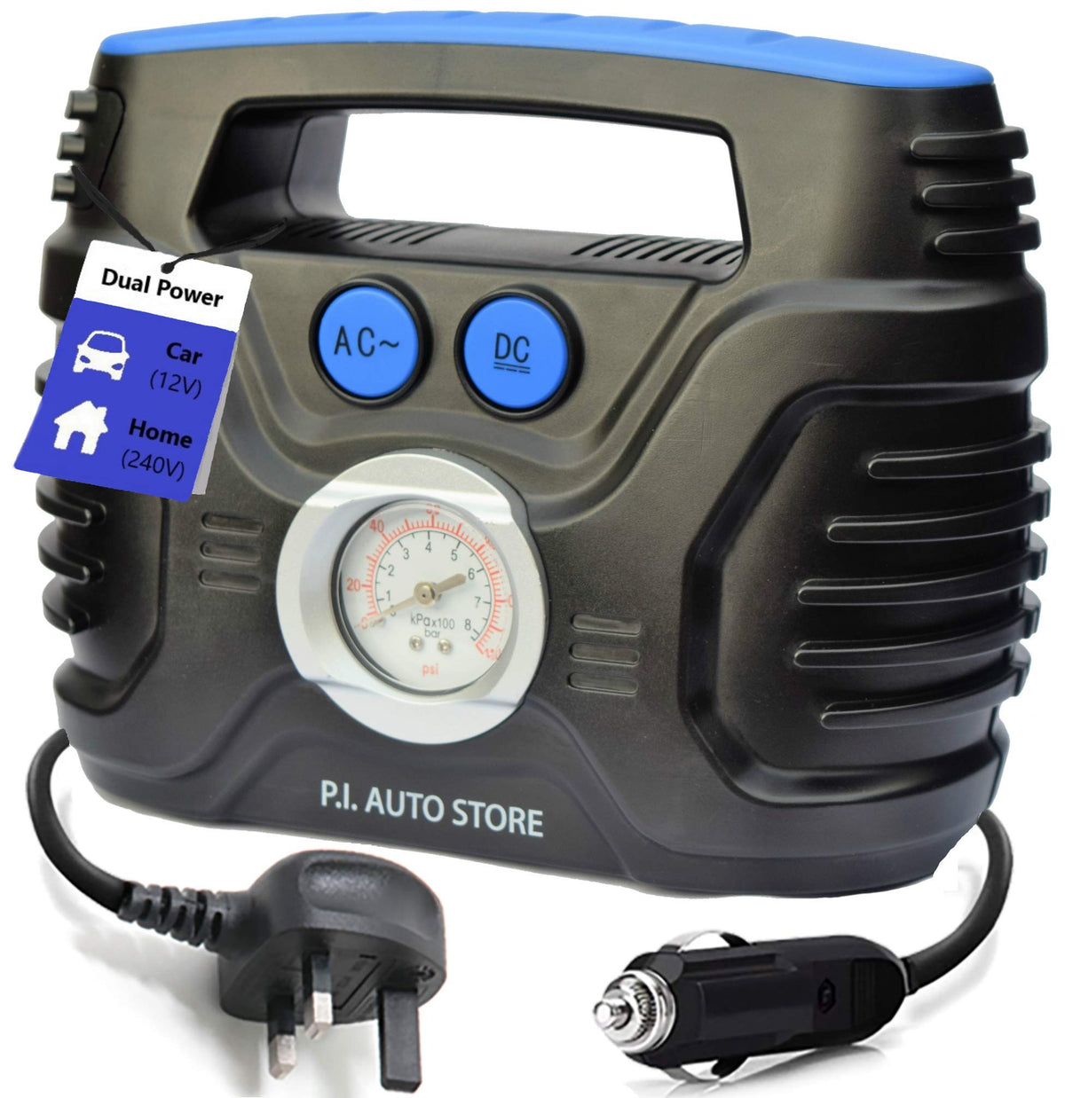 P.I. Auto Store - Tyre Pump - 240v Car Tyre Inflator (Mains) OR 12V DC Tyre Compressor (vehicle)